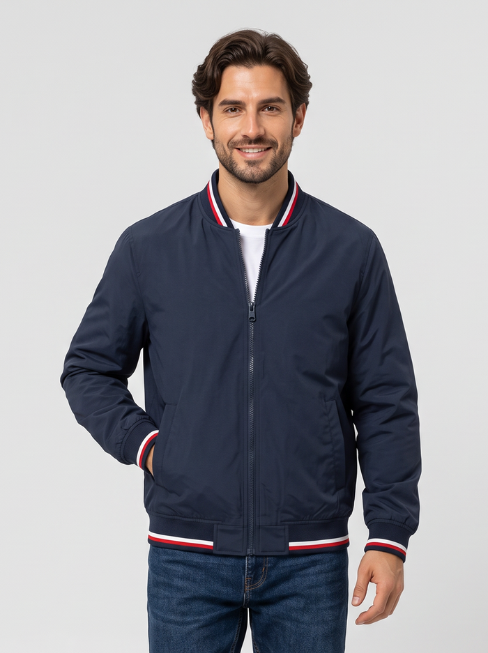 Men's Varsity Bomber Jacket – Striped Ribbed Trim