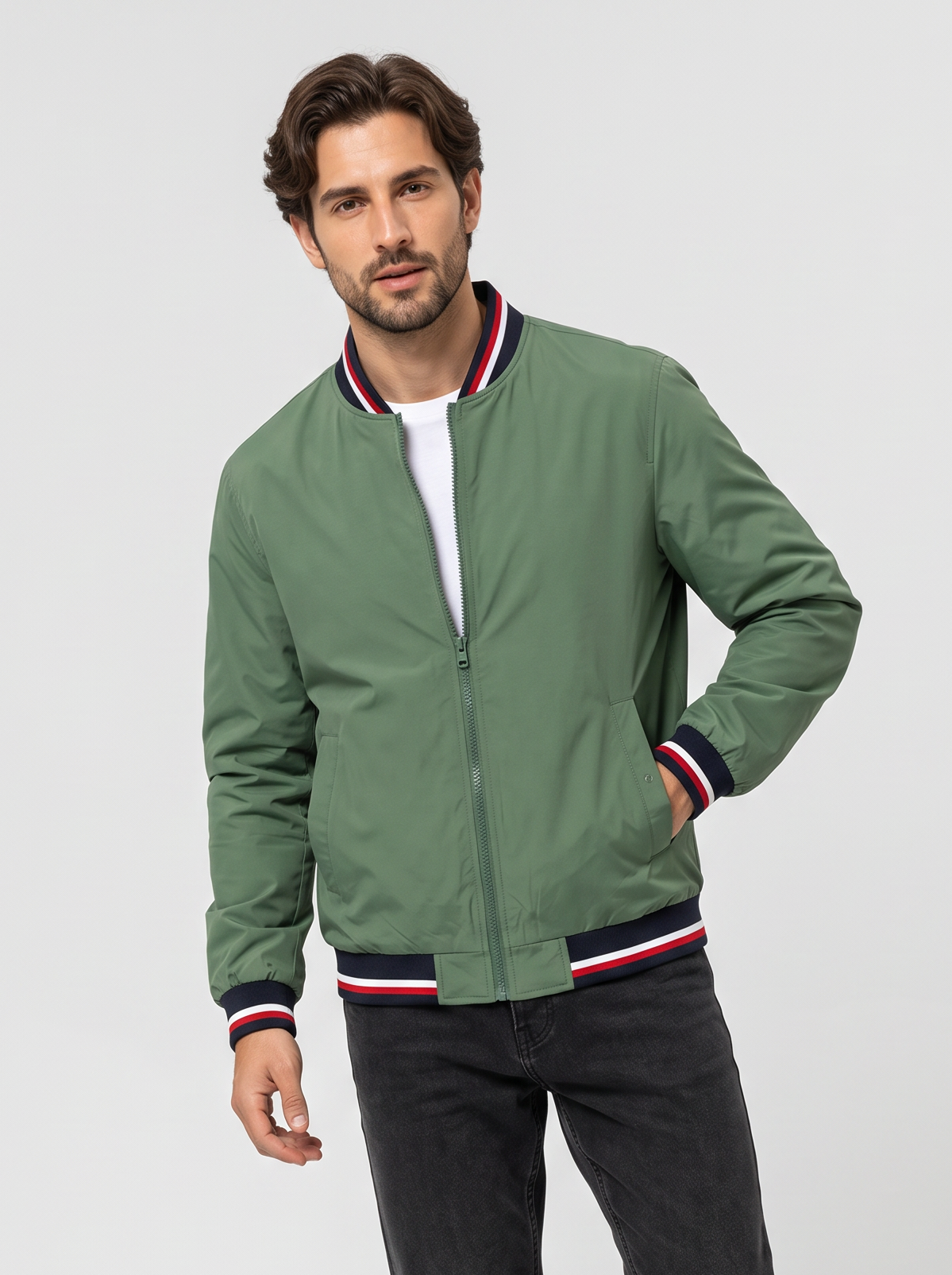 Men's Varsity Bomber Jacket – Striped Ribbed Trim