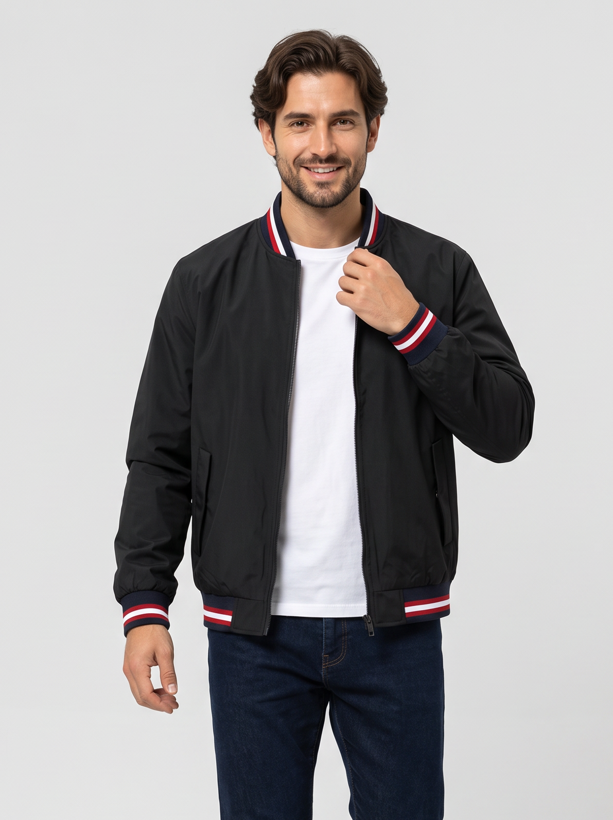Men's Varsity Bomber Jacket – Striped Ribbed Trim