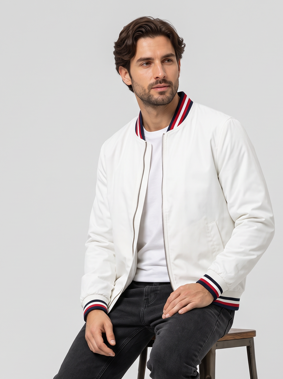 Men's Varsity Bomber Jacket – Striped Ribbed Trim