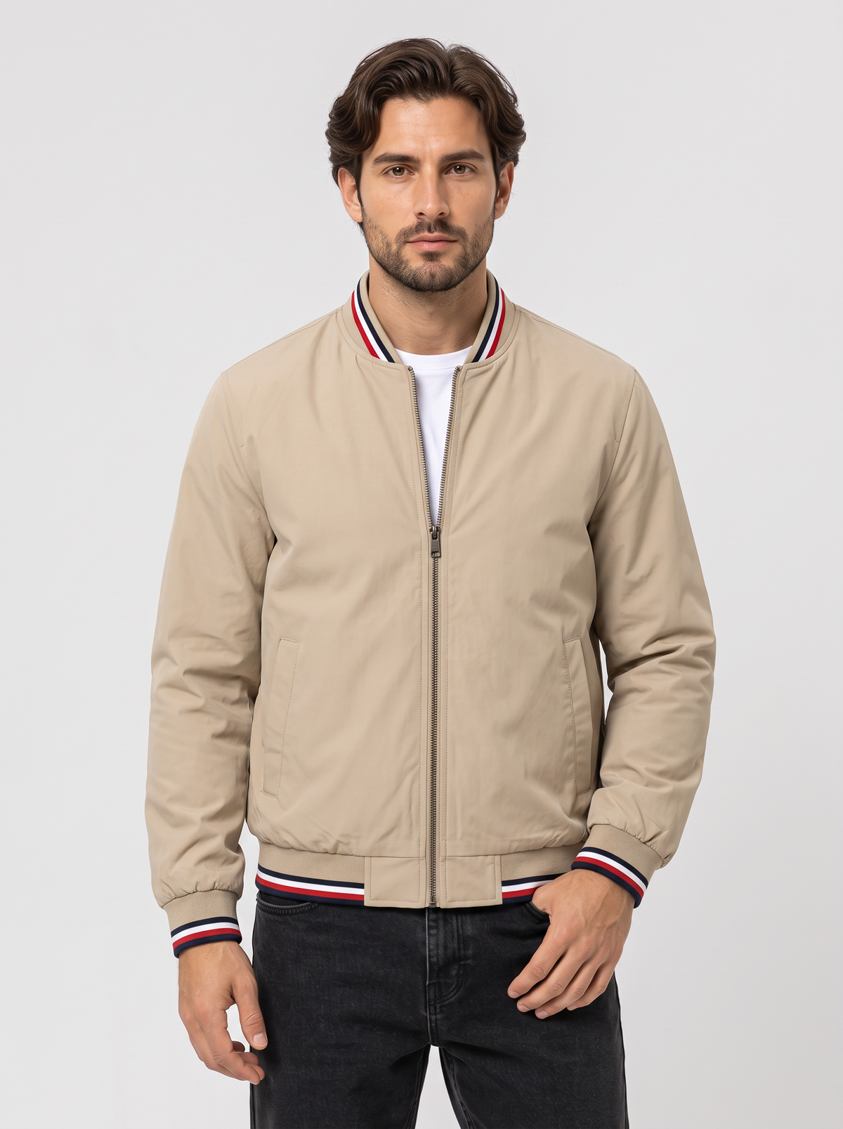 Men's Varsity Bomber Jacket – Striped Ribbed Trim