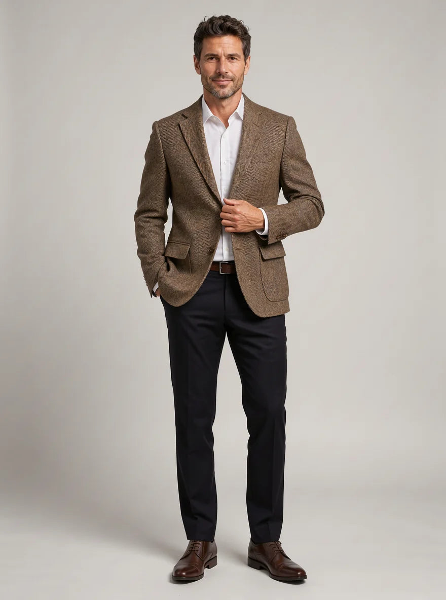 Men's Brown Herringbone Blazer – Wool Blend Tweed Jacket