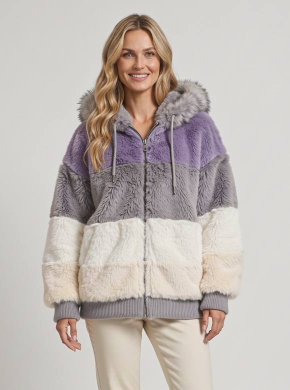 Women's Hooded Teddy Fleece Jacket – Colour Block Zip Up