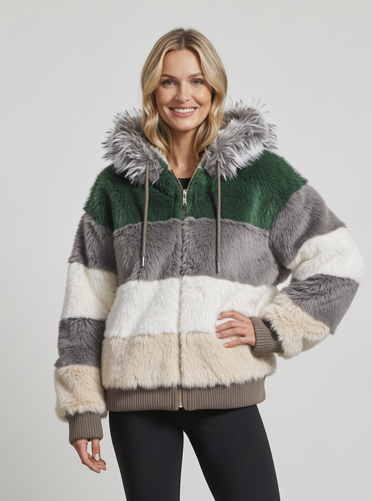 Women's Hooded Teddy Fleece Jacket – Colour Block Zip Up