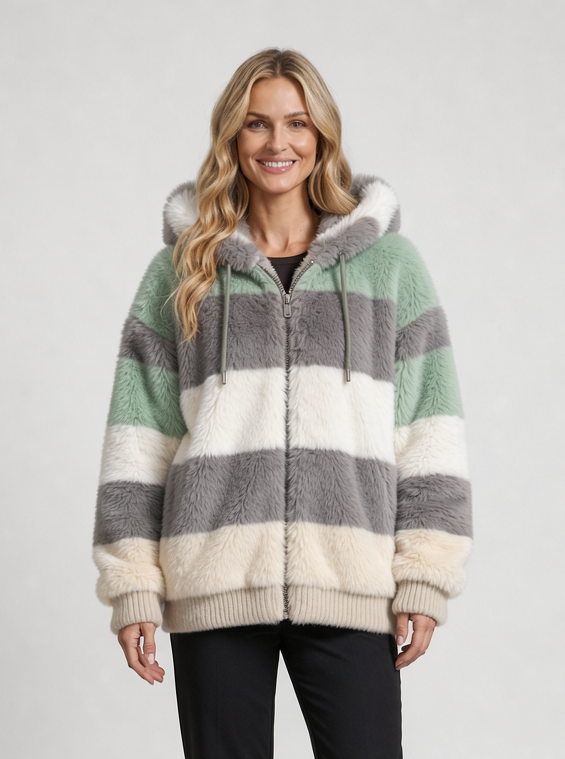 Women's Hooded Teddy Fleece Jacket – Colour Block Zip Up