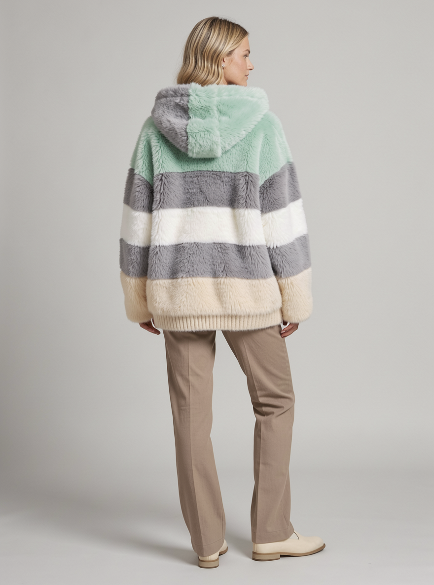 Women's Hooded Teddy Fleece Jacket – Colour Block Zip Up