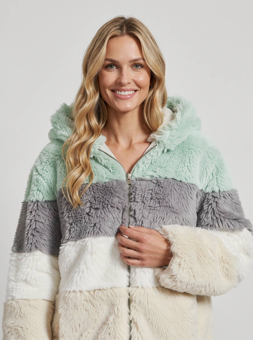 Women's Hooded Teddy Fleece Jacket – Colour Block Zip Up