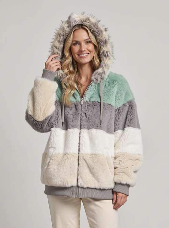 Women's Hooded Teddy Fleece Jacket – Colour Block Zip Up