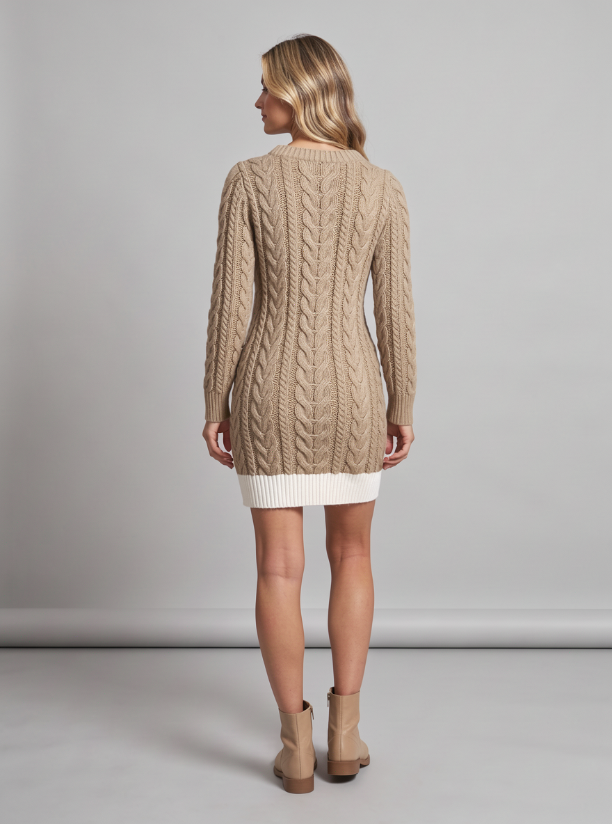 Women's Cable Knit Mini Jumper Dress – Contrast Collar