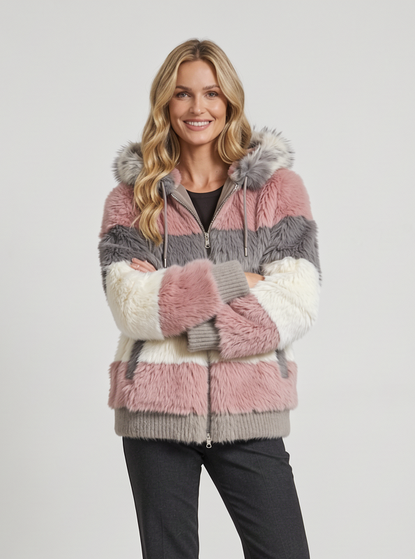 Women's Hooded Teddy Fleece Jacket – Colour Block Zip Up