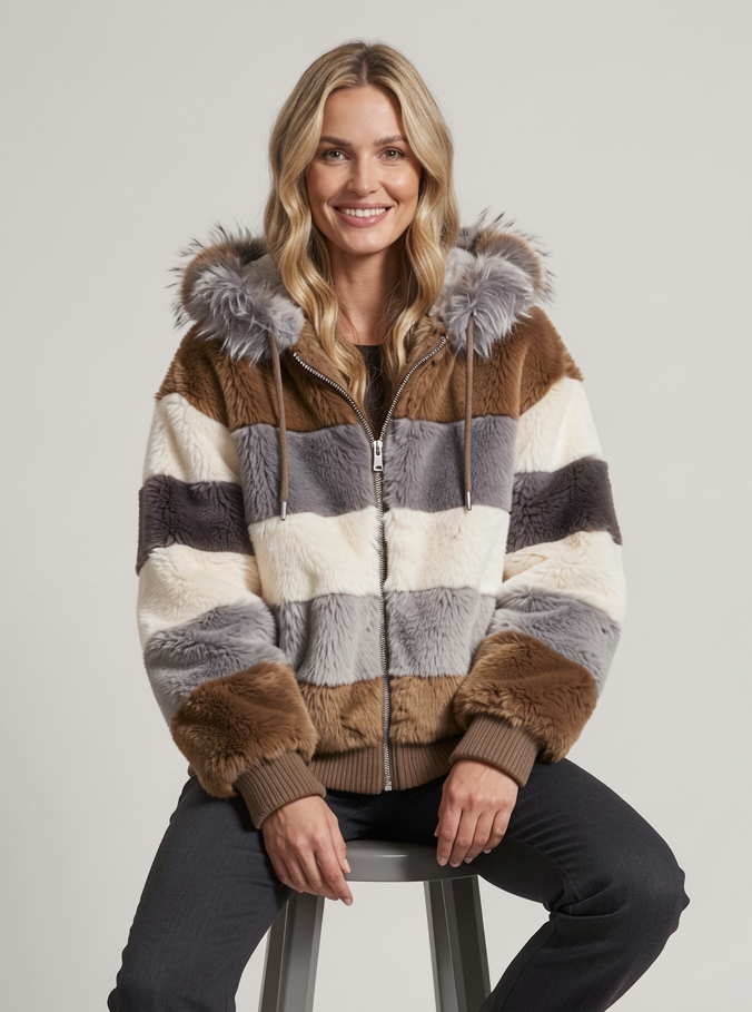 Women's Hooded Teddy Fleece Jacket – Colour Block Zip Up