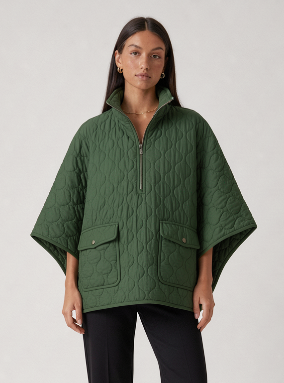 Women's Quilted Cape Coat – Padded Half Zip Poncho