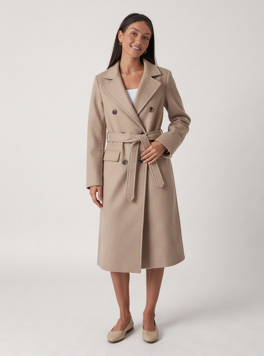 Women's Long Belted Coat – Double Breasted Wool Look