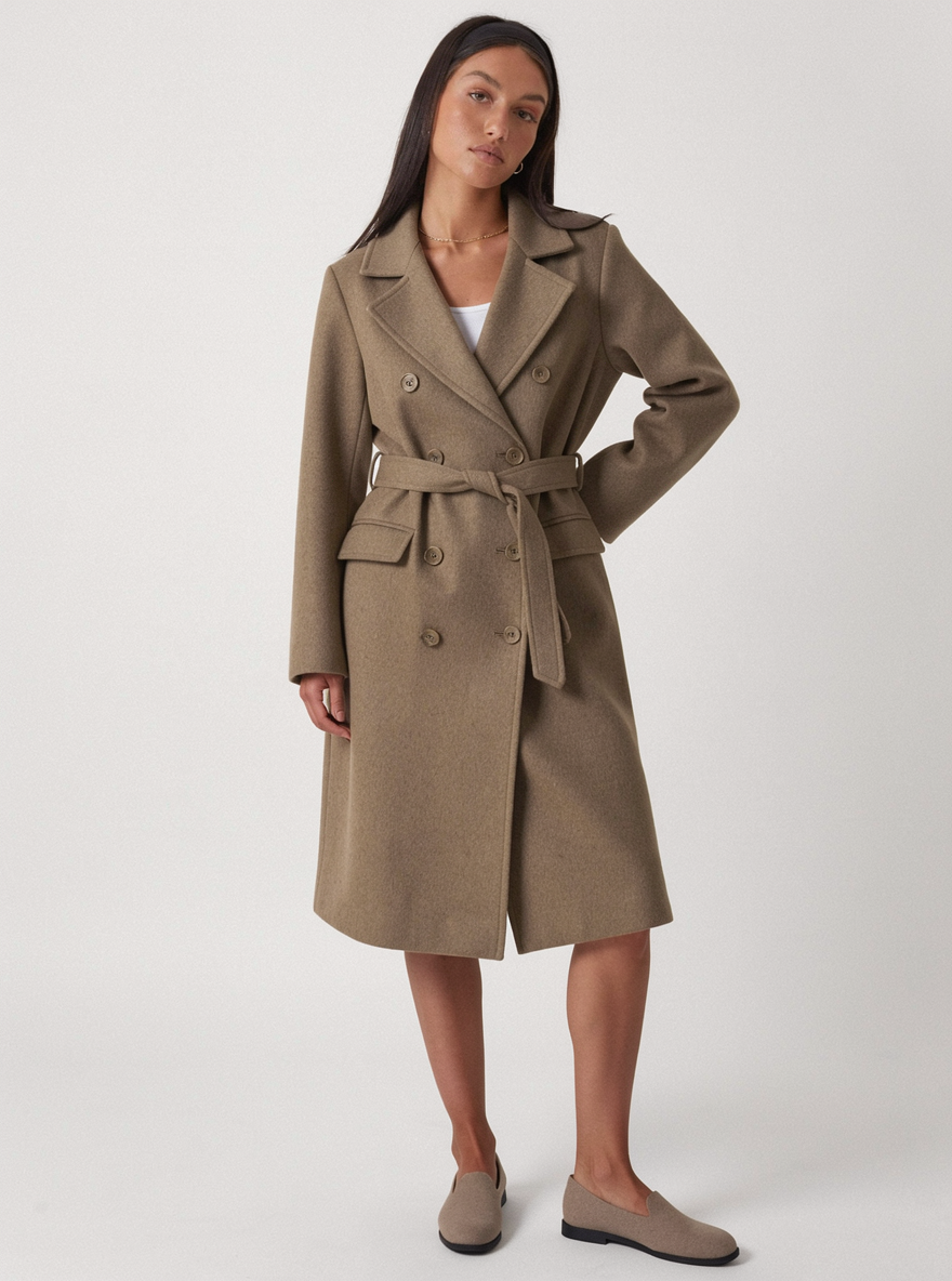Women's Long Belted Coat – Double Breasted Wool Look