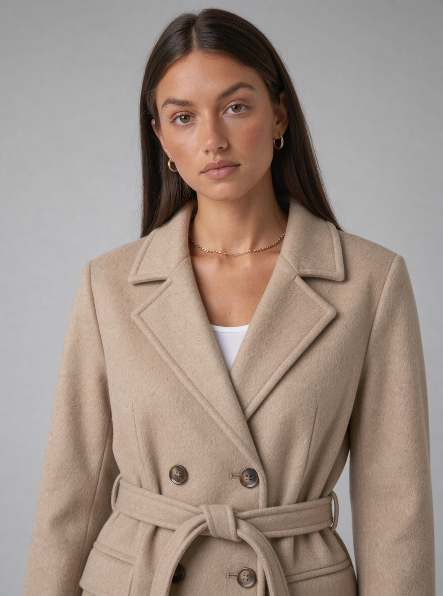 Women's Long Belted Coat – Double Breasted Wool Look