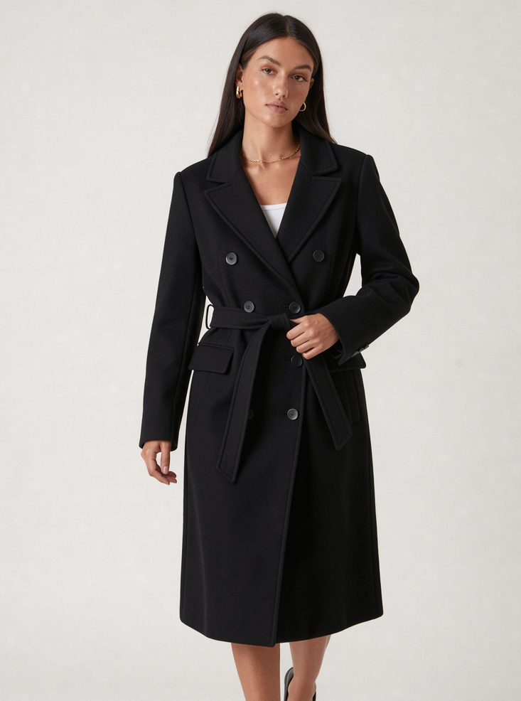 Women's Long Belted Coat – Double Breasted Wool Look