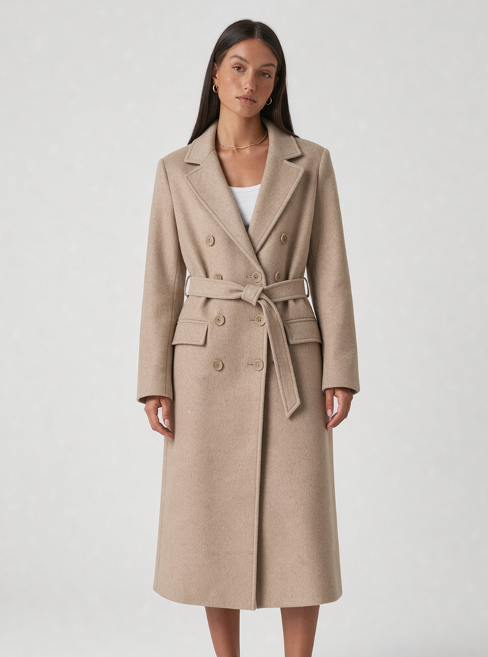 Women's Long Belted Coat – Double Breasted Wool Look