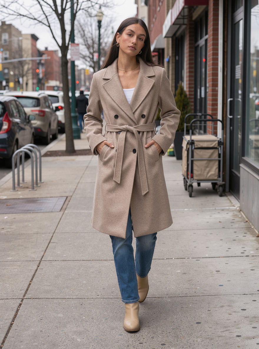 Women's Long Belted Coat – Double Breasted Wool Look