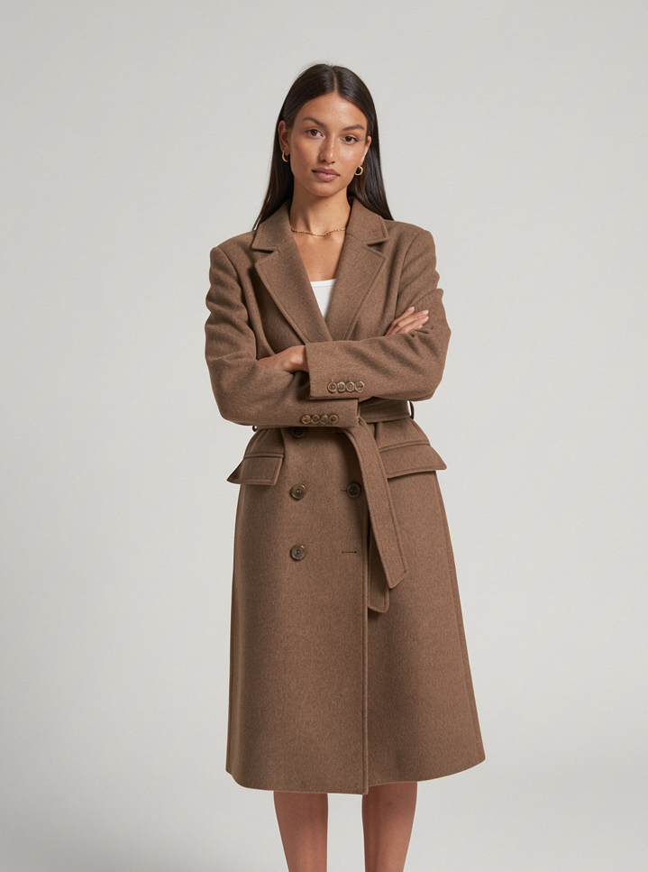 Women's Long Belted Coat – Double Breasted Wool Look