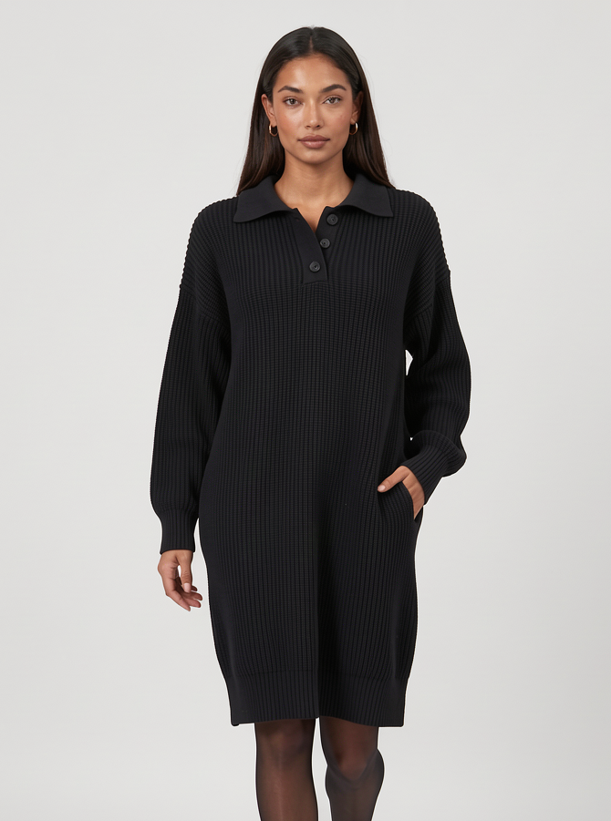 Women's Ribbed Midi Jumper Dress – Button Collar Pockets