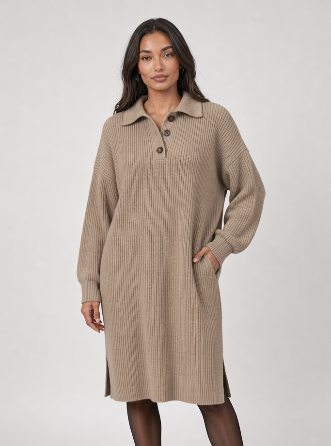Women's Ribbed Midi Jumper Dress – Button Collar Pockets