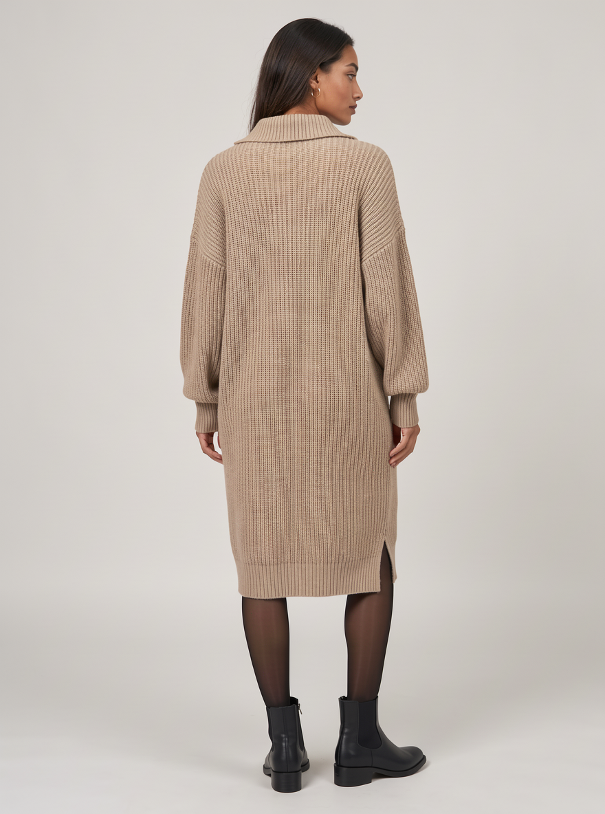 Women's Ribbed Midi Jumper Dress – Button Collar Pockets