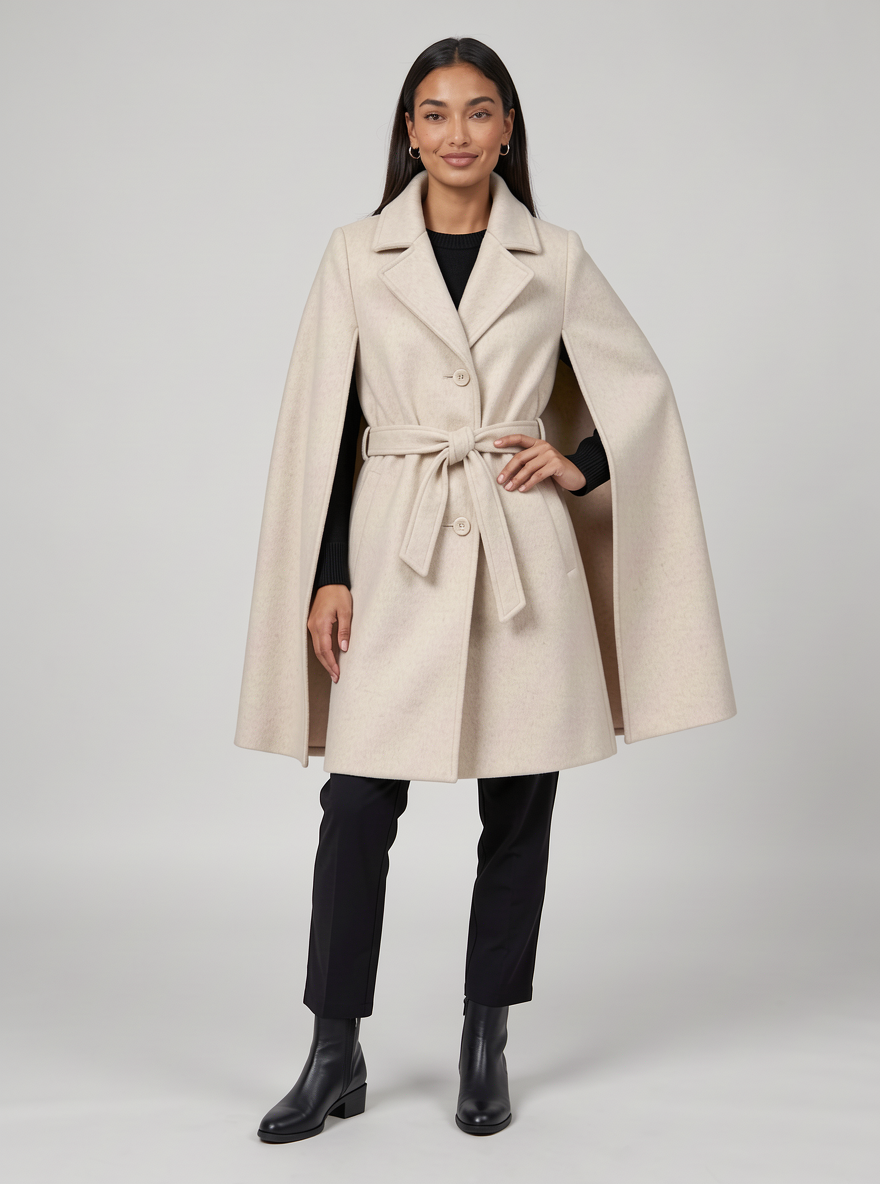 Women's Belted Cape Coat – Funnel Neck Wool Look