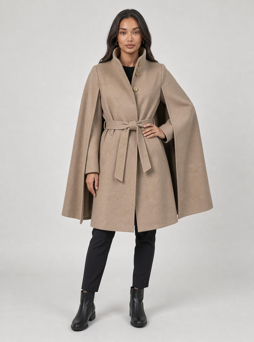 Women's Belted Cape Coat – Funnel Neck Wool Look