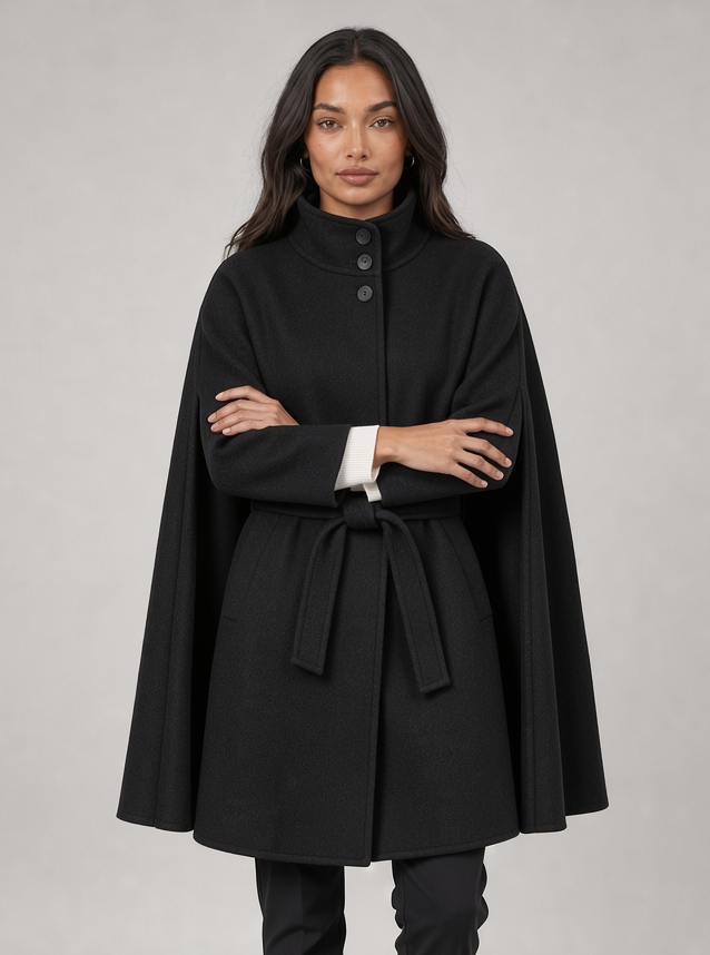 Women's Belted Cape Coat – Funnel Neck Wool Look