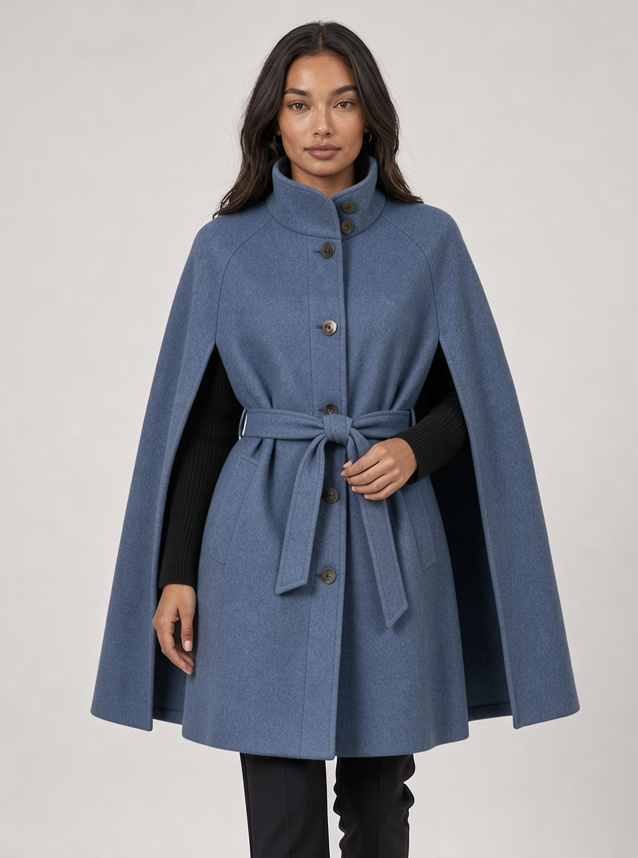 Women's Belted Cape Coat – Funnel Neck Wool Look