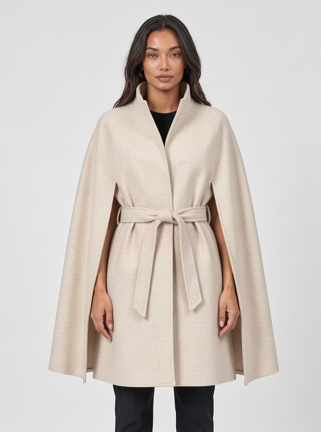Women's Belted Cape Coat – Funnel Neck Wool Look