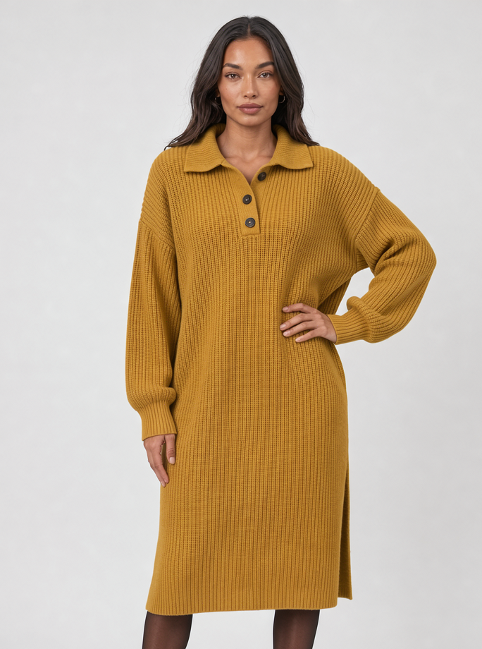Women's Ribbed Midi Jumper Dress – Button Collar Pockets