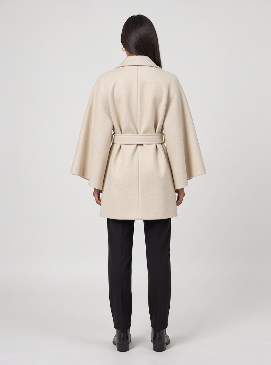 Women's Belted Cape Coat – Funnel Neck Wool Look