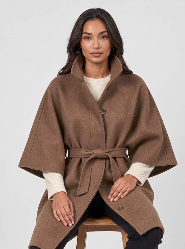 Women's Belted Cape Coat – Funnel Neck Wool Look