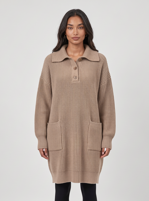 Women's Ribbed Midi Jumper Dress – Button Collar Pockets