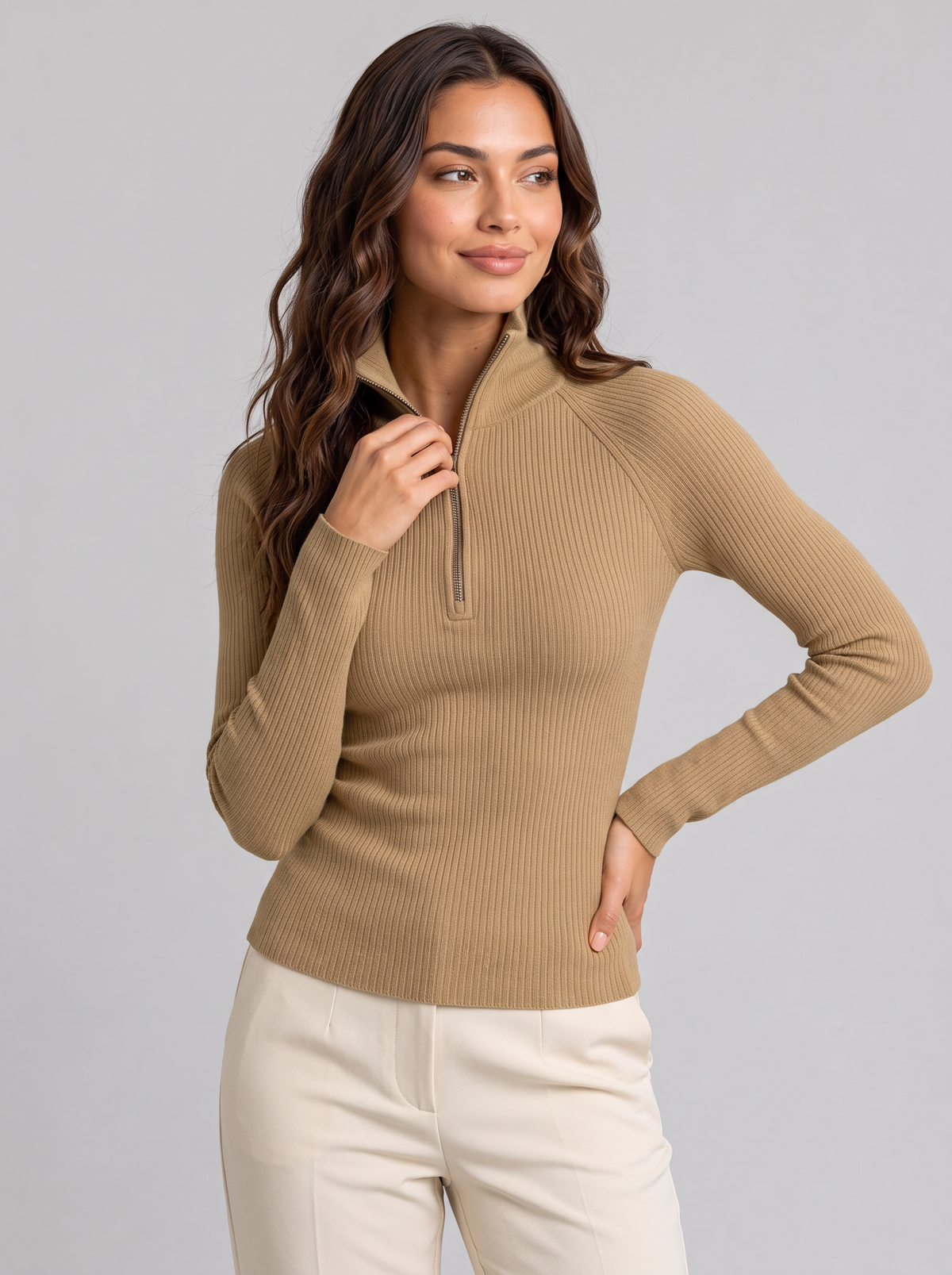 Women's Ribbed Roll Neck Top – Zip Collar Long Sleeve