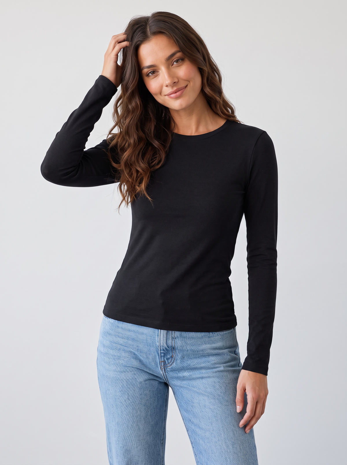 Women's Slim Fit Long Sleeve Top – Fine Knit Crew Neck