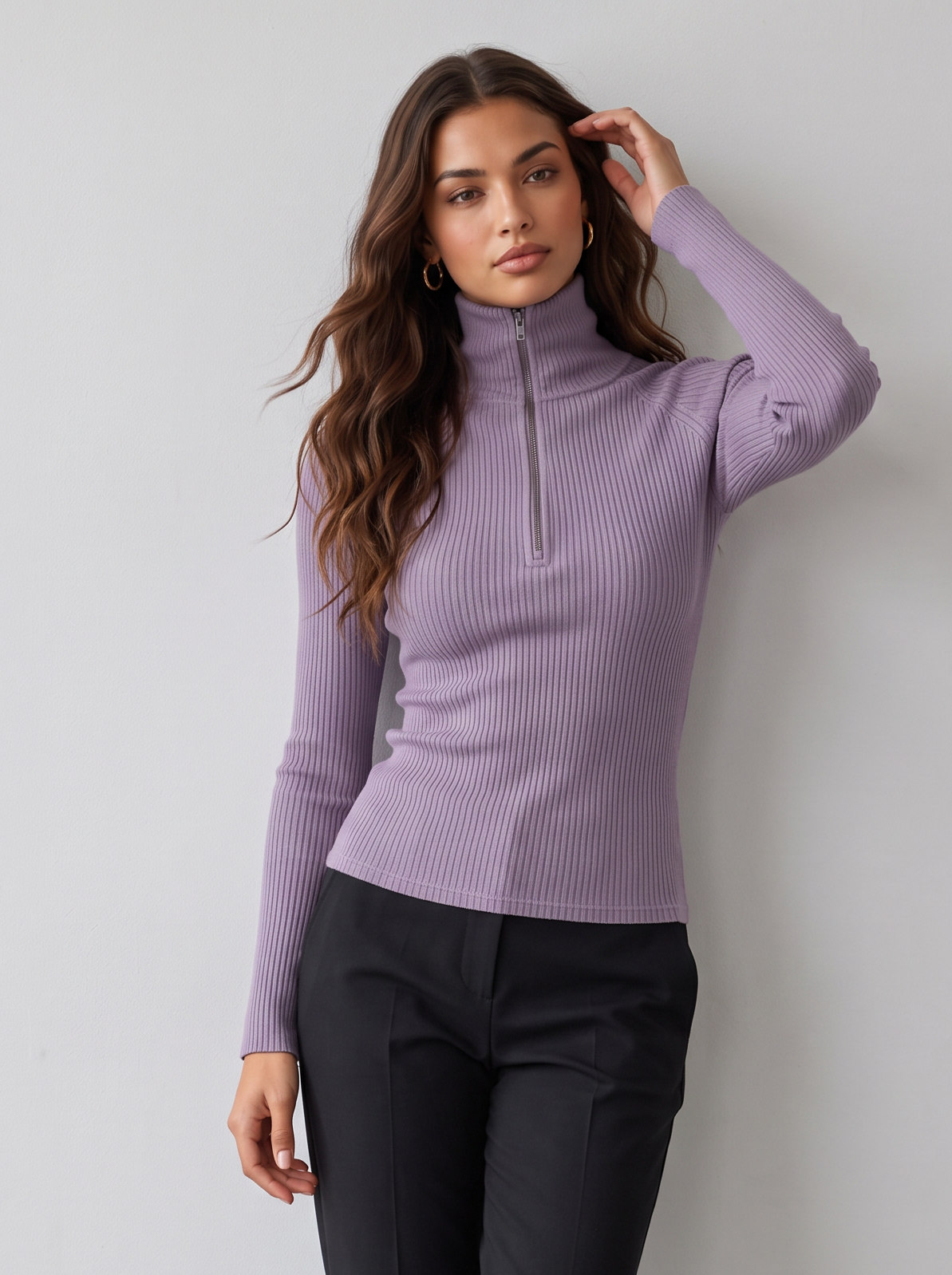Women's Ribbed Roll Neck Top – Zip Collar Long Sleeve