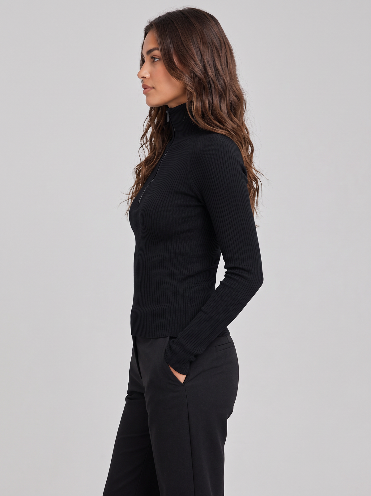 Women's Ribbed Roll Neck Top – Zip Collar Long Sleeve