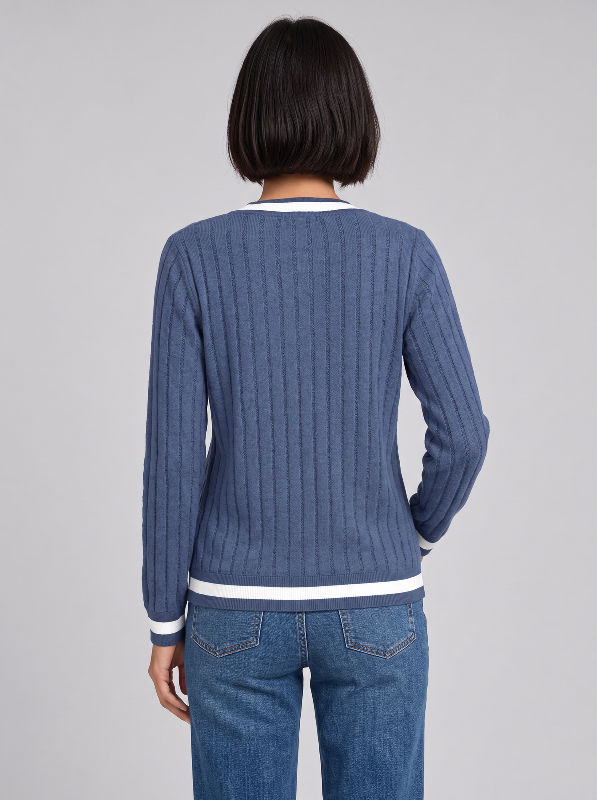 Women's Ribbed V Neck Jumper – Contrast Trim Knit