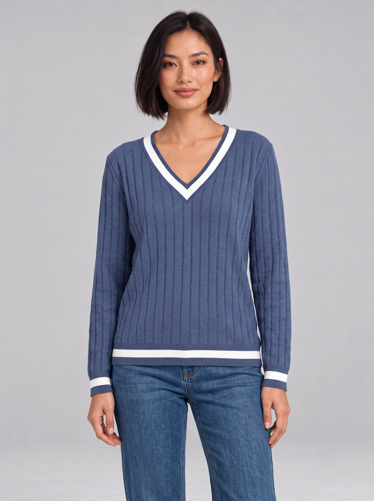 Women's Ribbed V Neck Jumper – Contrast Trim Knit