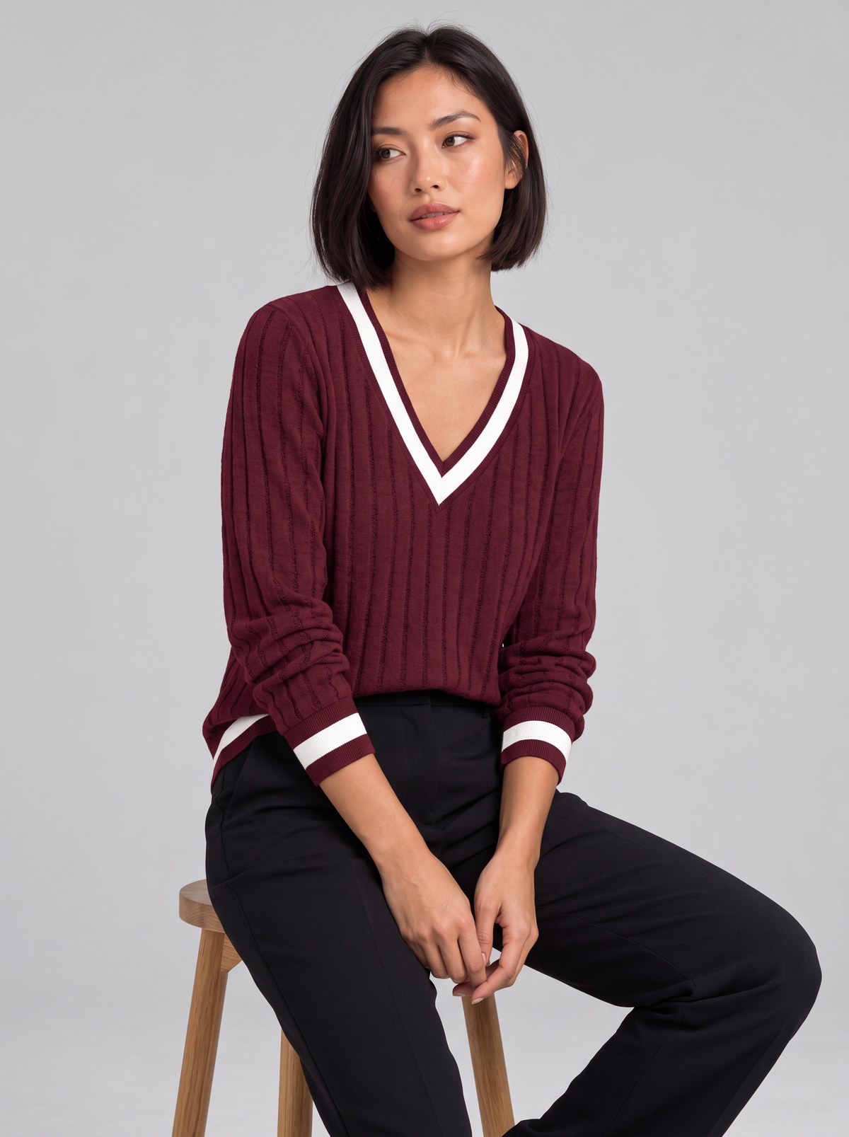 Women's Ribbed V Neck Jumper – Contrast Trim Knit