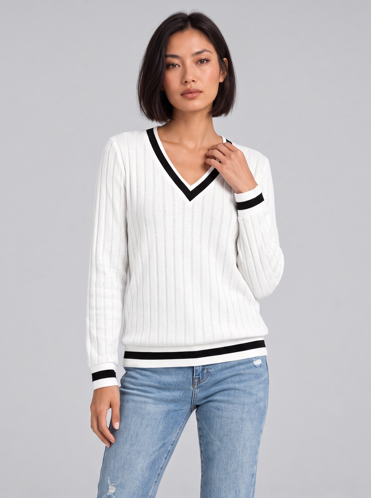 Women's Ribbed V Neck Jumper – Contrast Trim Knit