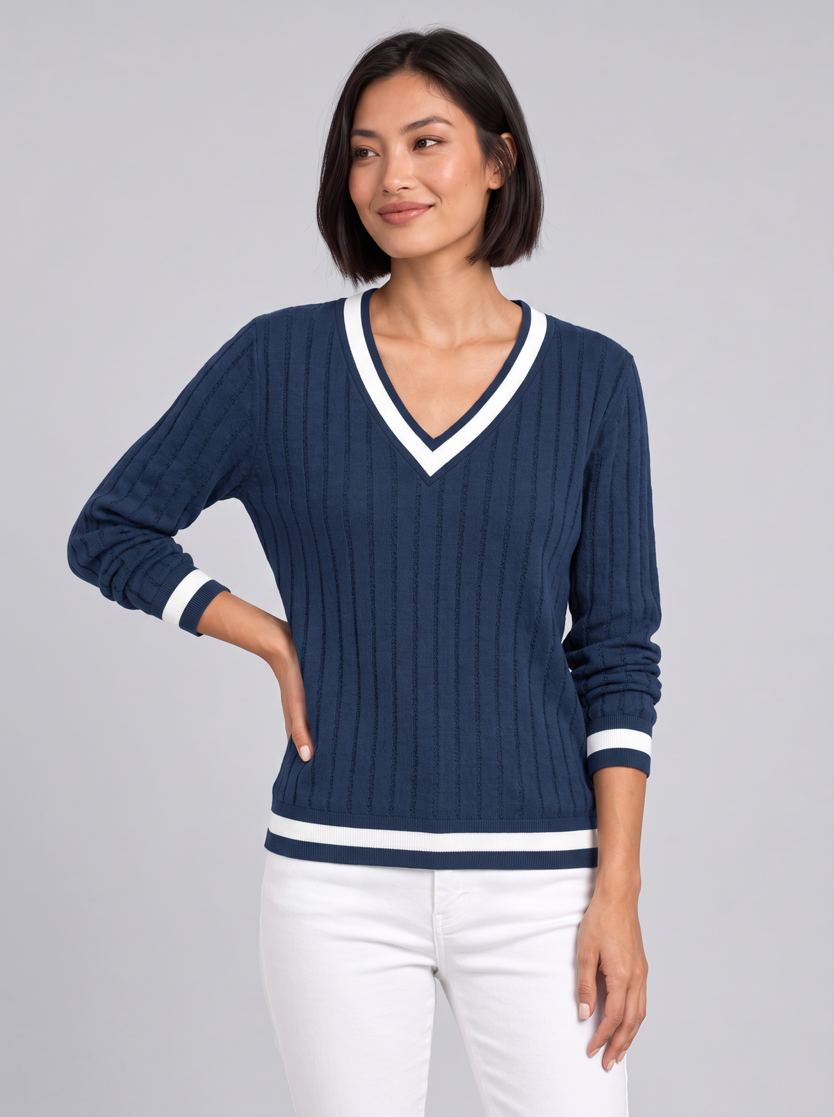Women's Ribbed V Neck Jumper – Contrast Trim Knit