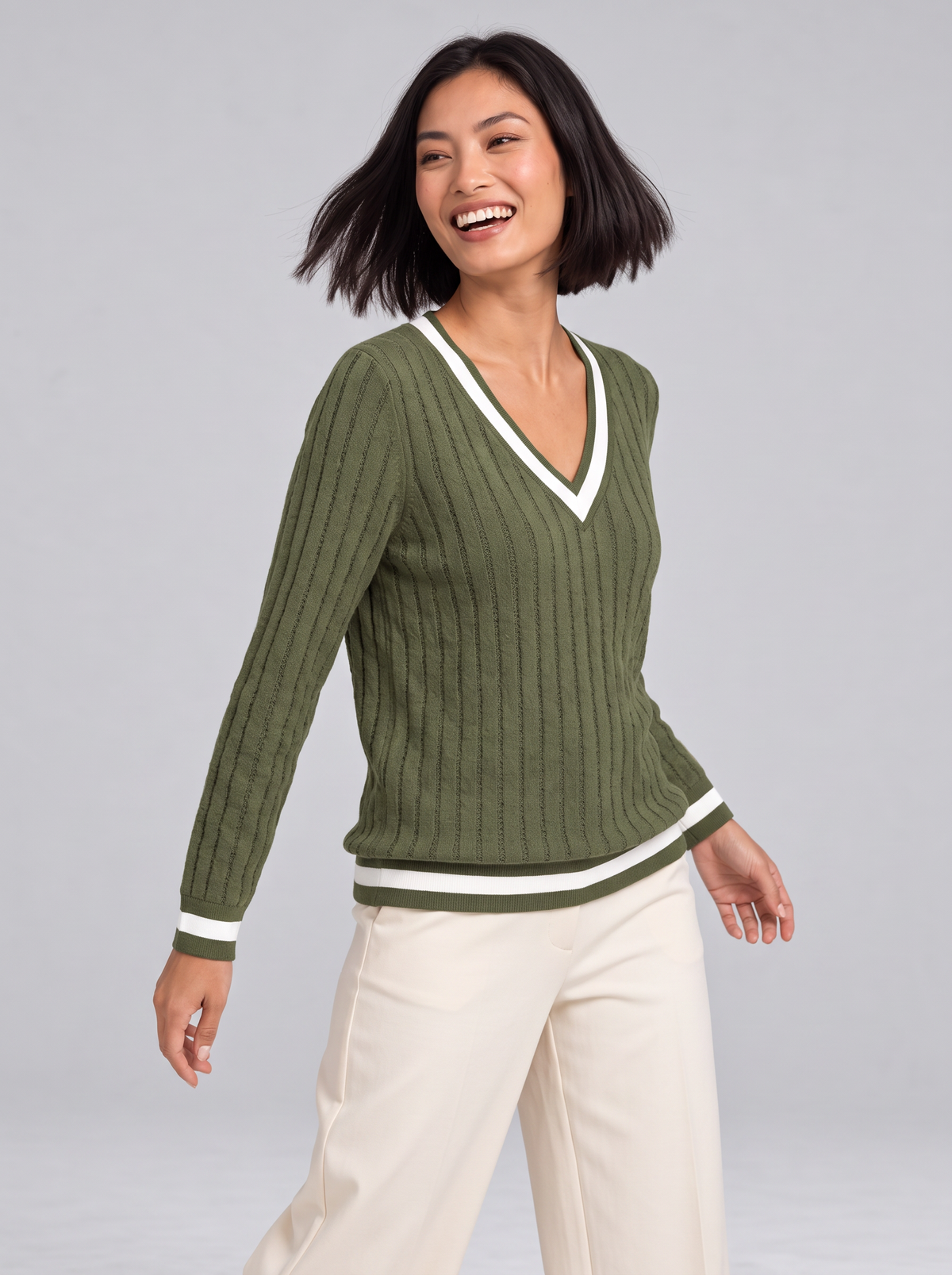 Women's Ribbed V Neck Jumper – Contrast Trim Knit