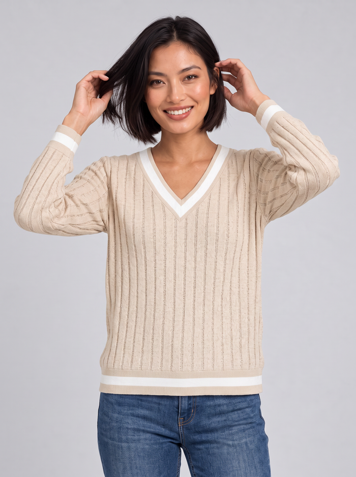 Women's Ribbed V Neck Jumper – Contrast Trim Knit