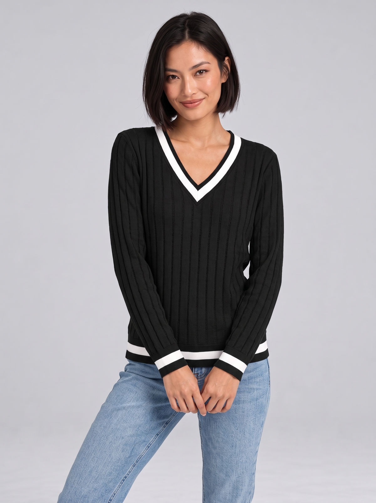Women's Ribbed V Neck Jumper – Contrast Trim Knit
