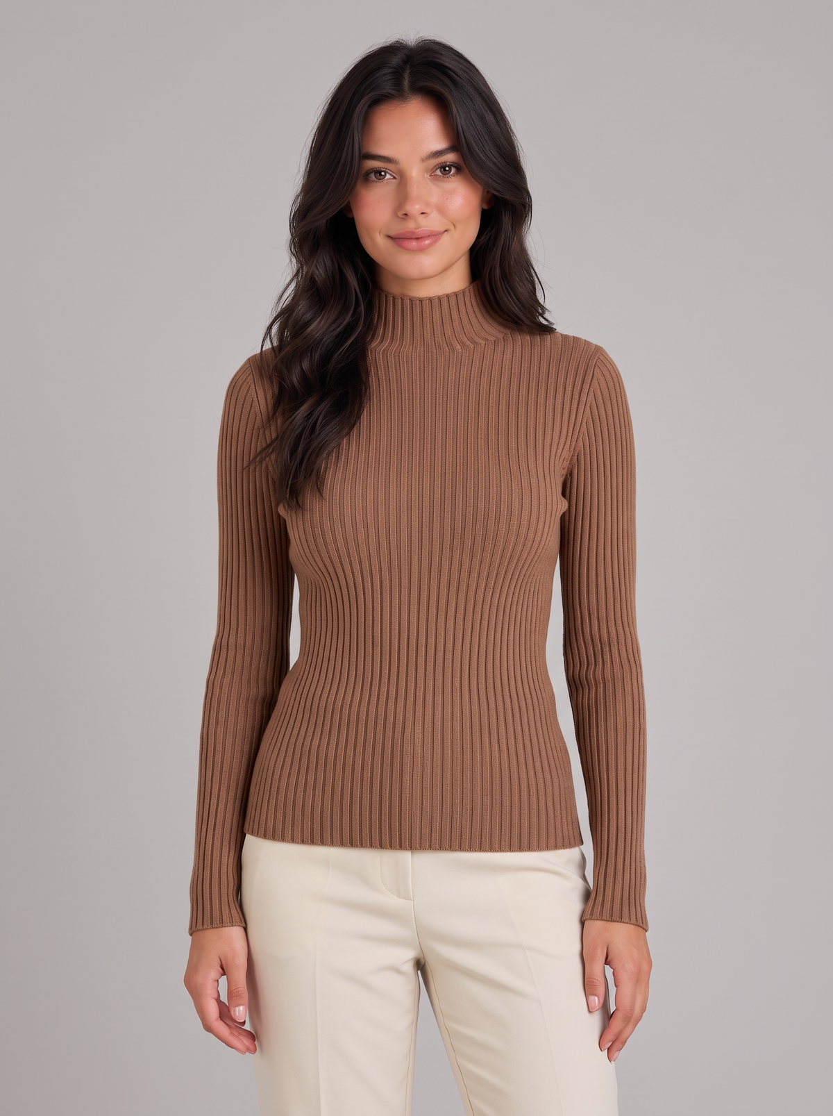 Women's Slim Fit Mock Neck Jumper – Ribbed Long Sleeve