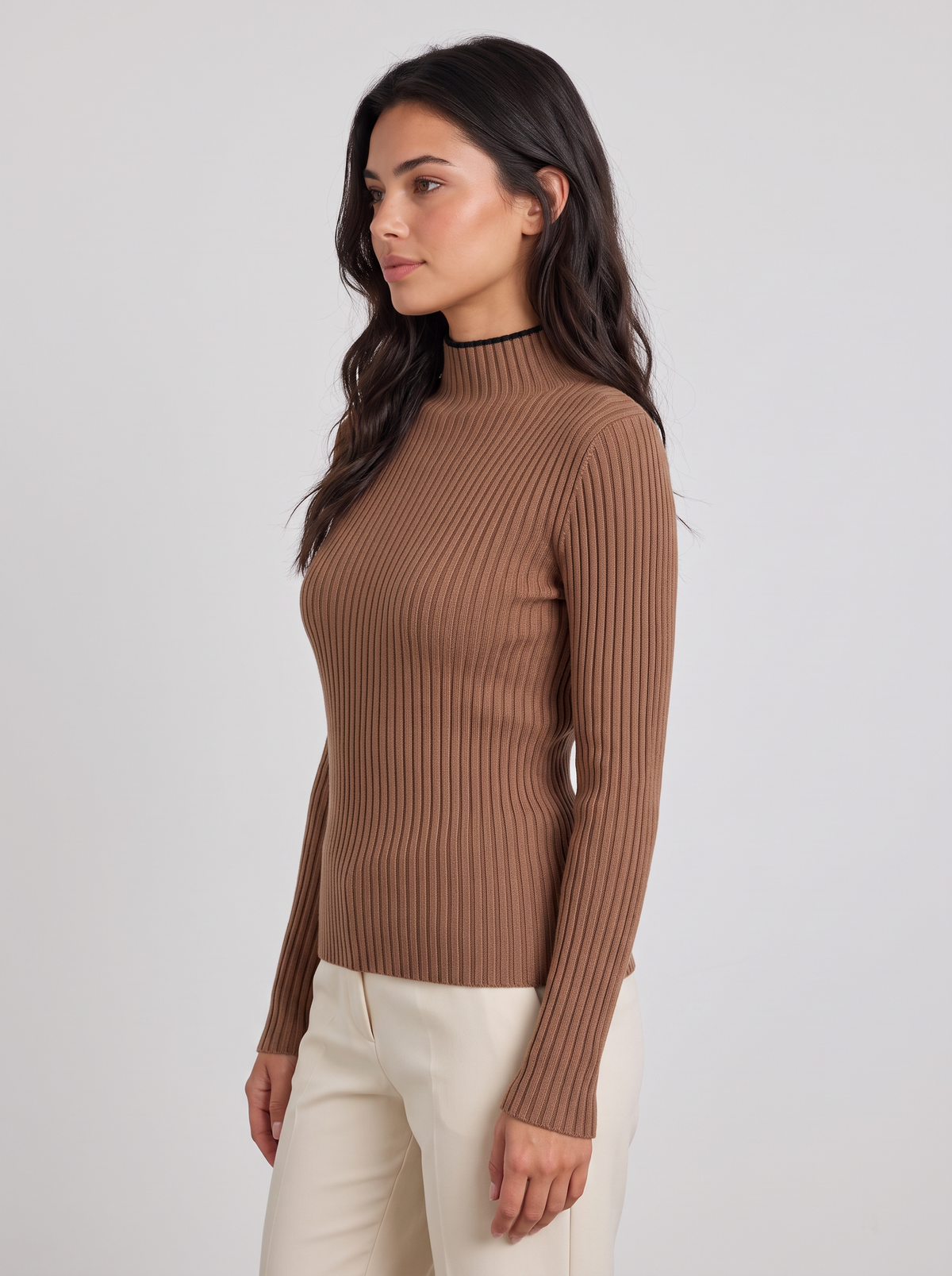 Women's Slim Fit Mock Neck Jumper – Ribbed Long Sleeve