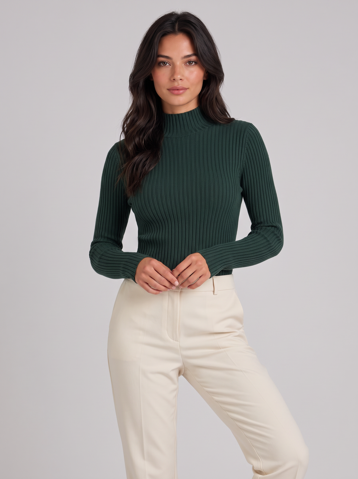 Women's Slim Fit Mock Neck Jumper – Ribbed Long Sleeve